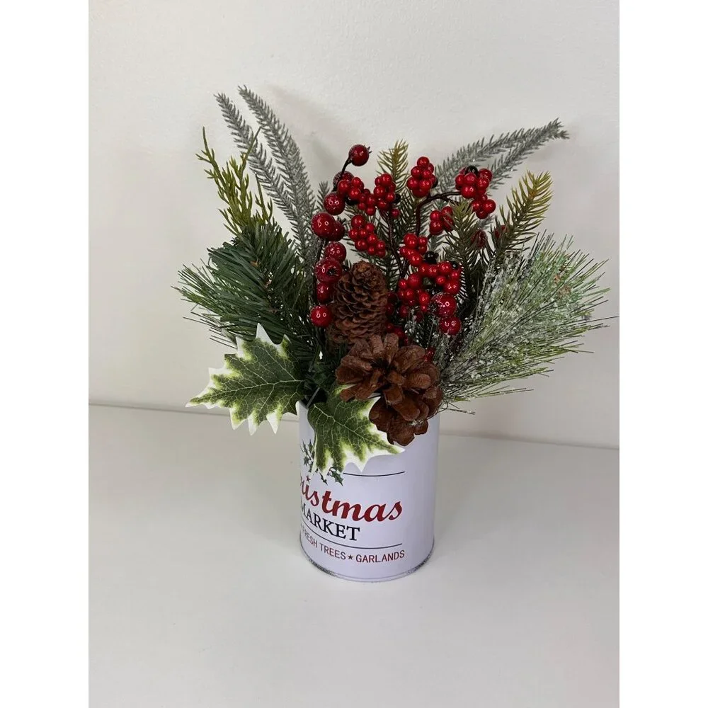 Artificial Christmas Arrangement In White Christmas Market Tin For Holiday Decor